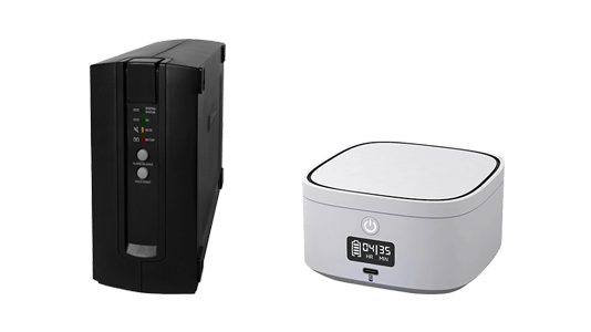 Black Battery Back-Up unit with white Battery Back-Up Plus unit