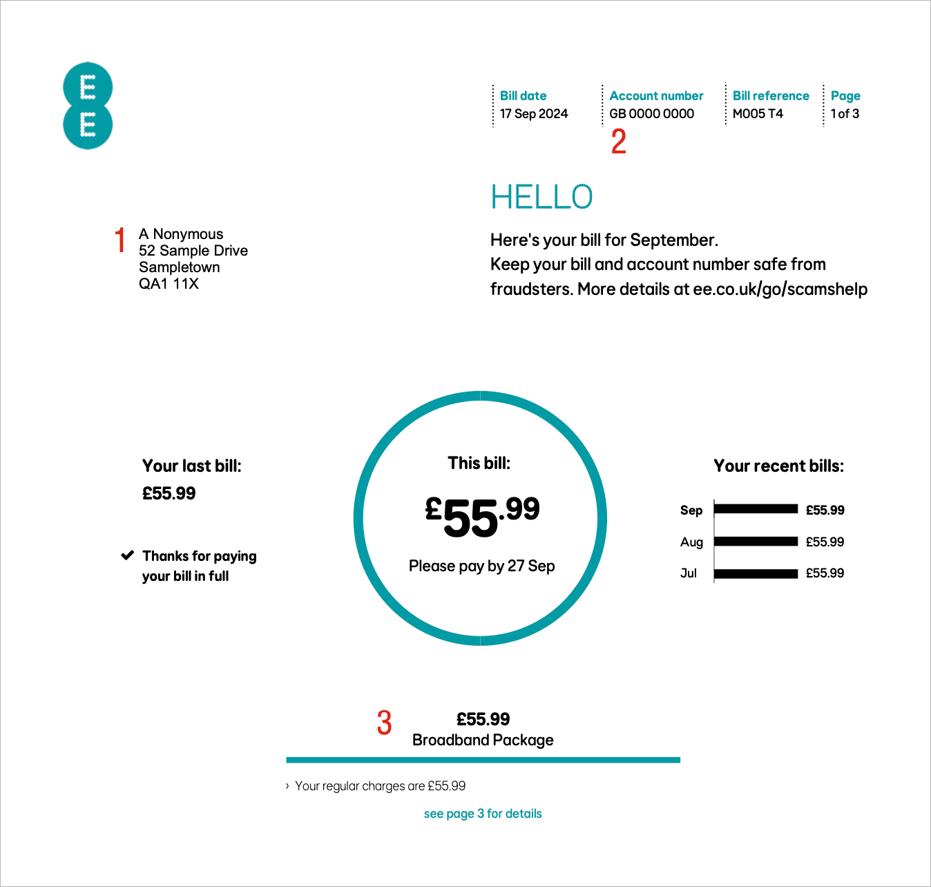 Image of an EE bill with address and account number with address, account number and service details notated